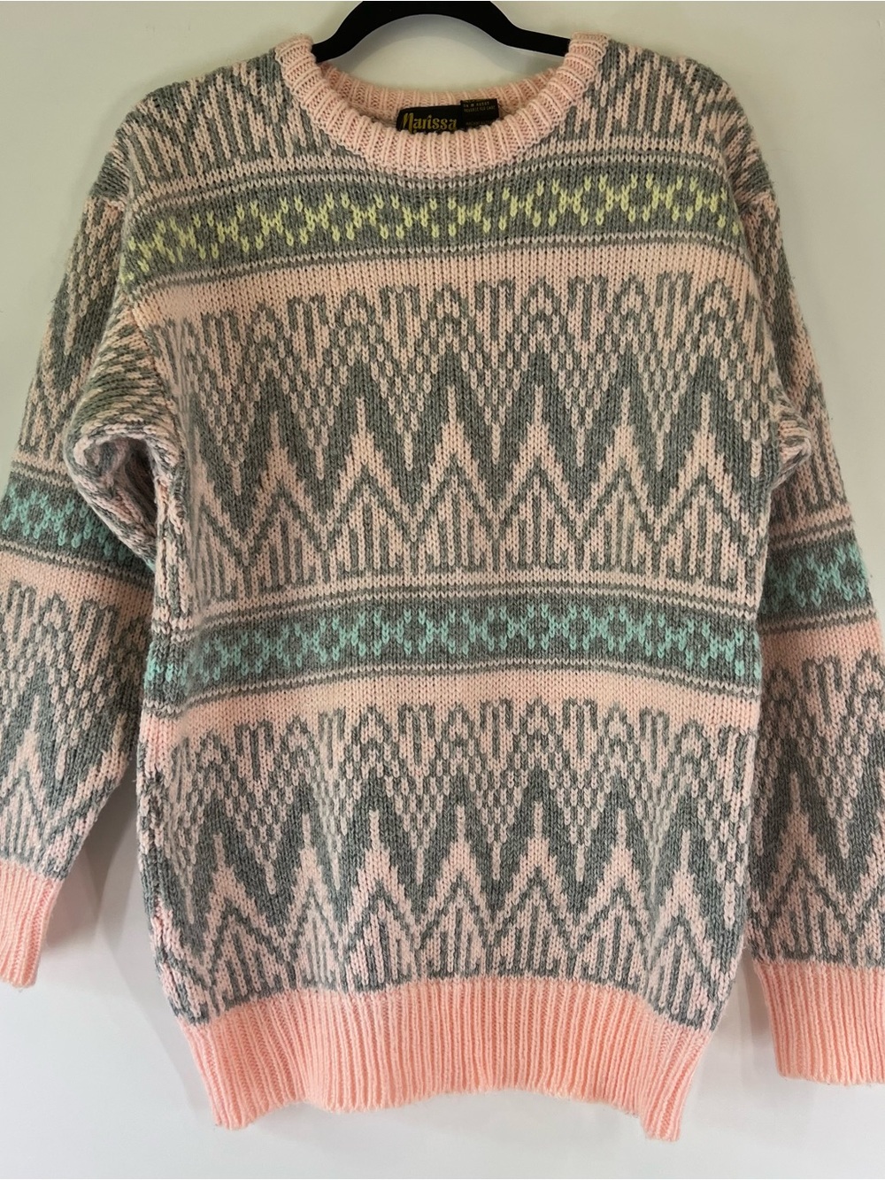 Pastel Pink Patterned Vintage Crewneck Sweater with Mint & Gray Accents Medium